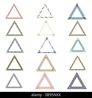 Dreieck-Rahmensatz. Kollektion mit dekorativem Rand. Farbenfrohe Dreiecksverzierung. Vektorkontur. Stock Vektor