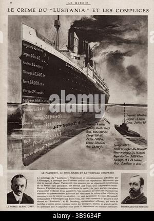 Ein artikel in der französischen Zeitung Le Miroir. Der Titel lautet das Lusitania-Verbrechen und seine Komplizen. Lusitania war ein britisch registriertes Seefahrer, das während des Ersten Weltkriegs am 7. Mai 1915 von einem U-Boot vor dem Old Head of Kinsale in Irland torpediert wurde. An Bord waren 1.264 Passagiere, 3 blinde Passagiere und eine Besatzung von 693 Personen, insgesamt 1.960 Menschen, von denen 1.197 getötet wurden. Das Schiff sank in nur 18 Minuten. Der Untergang wandte die öffentliche Meinung von Deutschland ab und der Tod von 128 Amerikanern an Bord war ein großer Faktor für den Eintritt der USA in den Krieg. Stockfoto