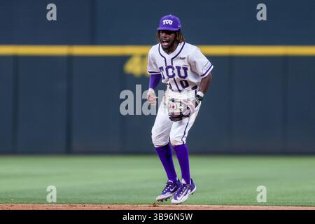 17. Februar 2023: TCU-Infield-Spieler Tre Richardson #0 feiert den dritten aus dem Inning. TCU besiegte Vanderbilt 11-4 in Arlington, Texas, Richey Miller/CSM (Bild: © Richey Miller/CSM via ZUMA Press Wire) Stockfoto