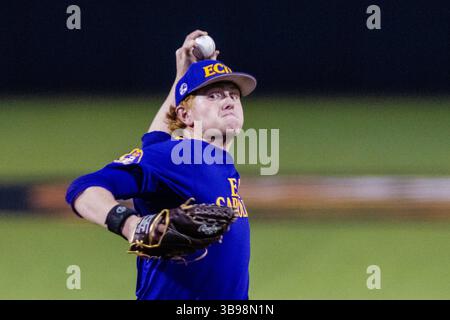 21. Februar 2023: East Carolina Pirates Pitcher Merritt Beeker (19) startet das dritte Inning gegen die Campbell Fighting Kamels im NCAA Baseball Matchup im Jim Perry Stadium in Buies Creek, NC. (Scott Kinser) (Bild: © Scott Kinser/CSM via ZUMA Press Wire) Stockfoto