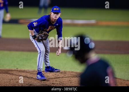 21. Februar 2023: East Carolina Pirates Pitcher Merritt Beeker (19) startet das dritte Inning gegen die Campbell Fighting Kamels im NCAA Baseball Matchup im Jim Perry Stadium in Buies Creek, NC. (Scott Kinser) (Bild: © Scott Kinser/CSM via ZUMA Press Wire) Stockfoto