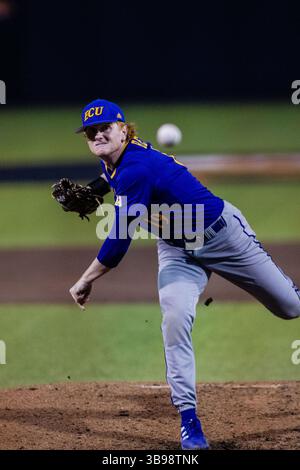 21. Februar 2023: East Carolina Pirates Pitcher Merritt Beeker (19) startet das dritte Inning gegen die Campbell Fighting Kamels im NCAA Baseball Matchup im Jim Perry Stadium in Buies Creek, NC. (Scott Kinser) (Bild: © Scott Kinser/CSM via ZUMA Press Wire) Stockfoto