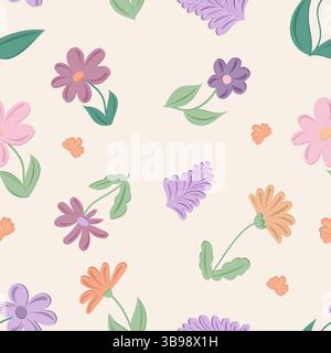 Nahtloses Blumenmuster mit Frühlingsblumen und Blättern auf beigefarbenem Hintergrund Stock Vektor