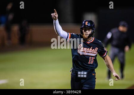 Am 21. Februar 2023 feiert Campbell den Sieg gegen die East Carolina Pirates im NCAA Baseball Matchup im Jim Perry Stadium in Buies Creek, NC. (Scott Kinser) (Bild: © Scott Kinser/CSM via ZUMA Press Wire) Stockfoto