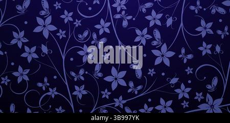Nahtloses Muster mit Blumen und Schmetterlingen auf dunkelblauem Hintergrund für Tapeten im Stil barocker nahtloser, modischer moderner Tapeten Stock Vektor