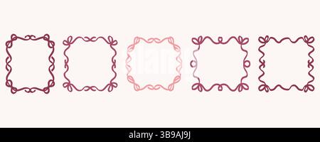 Rahmen mit Schleifenband. Vintage handgezeichnete quadratische Rahmen für Weihnachten Valentinstag und Hochzeitskarten Dekoration. Vektorcoquette schöne rosa Elemente Stock Vektor
