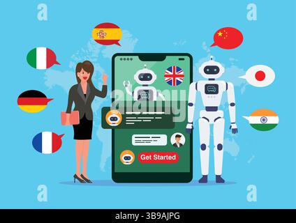 Geschäftsfrau lernt mit Chatbot verschiedene Sprachen. Chat GPT. Künstliche Intelligenz. Vektorabbildung Stock Vektor