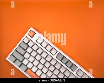 Eine Draufsicht auf das flache Büro, Tastatur ohne Buchstaben auf einem leeren gelb-orangen Feld auf einem Hintergrund, für Business- und Technologiekonzept. Kopieren Stockfoto
