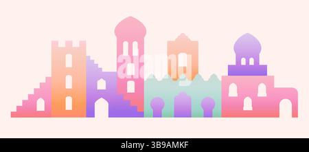 Abstrakte arabische Stadtgebäude. Geometrische Boho ästhetische Vektorelemente für Ramadan Kareem Grußkarte, Einladung, Banner. Stock Vektor