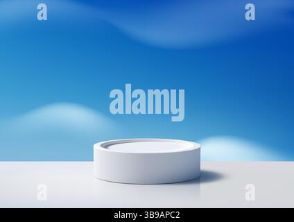 Ein sauberes weißes zylindrisches Podium auf einer glänzenden Oberfläche vor einem leuchtend blauen Himmel mit weichen Wolken. Minimalistisches 3D-Modell für Produktanzeige, Werbung Stock Vektor