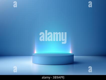 Glattes, hellblaues zylindrisches 3D-Podium auf einer reflektierenden Oberfläche mit leuchtenden vertikalen Lichtstrahlen, modernen Produktdisplays, technischen Mockups oder Exhibitio Stock Vektor