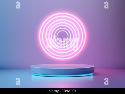 Die elegante moderne 3D-Plattform leuchtet mit leuchtendem blauem Neonlicht, unterlegt von leuchtenden rosafarbenen konzentrischen Kreisen auf einem weichen lila Hintergrund, perfekt für technische Einsätze Stock Vektor