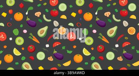 Hintergrund mit nahtlosem Muster für Obstsalat und Gemüse. Stock Vektor