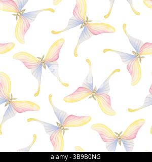 Nahtloses Schmetterlingsmuster in Pastellrosa, Gelb und Blau. Baby Mädchen fliegende Motte wiederholen Hintergrund auf weiß für Kinderkleidung oder Stockfoto