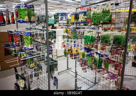 Iwano-Frankivsk, Ukraine - 29. April 2025: Verschiedene Saatgutpakete für den Garten werden auf einem Ausstellungsregal in einem Geschäft organisiert Stockfoto
