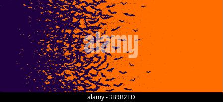 Orangefarbenes Halloween-Banner mit schwarzer Silhouette fliegenden Fledermäusen Stock Vektor