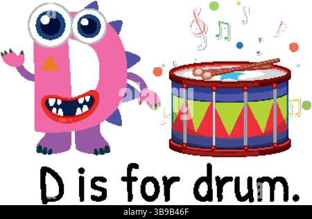 Verspielte Vektor-Illustration eines monsterförmigen Buchstaben D und einer lebendigen Trommel. Leuchtende Farben und ein skurriles Design sorgen für einen lehrreichen Reiz Stock Vektor