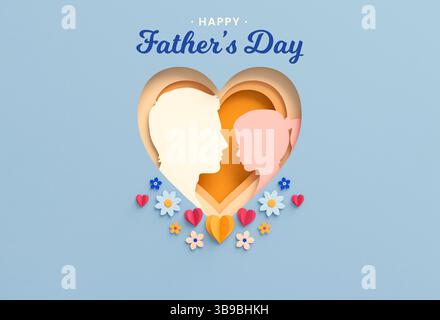 Grußkarte zum Vatertag mit Silhouetten von Vater und Tochter in einem Herzen und Blumen auf einem Hintergrund. Feierliches Banner in Papierschnitt, Flyer mit Stockfoto