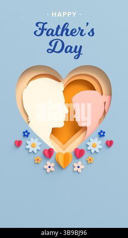 Vatertag Social-Media-Post mit Silhouetten von Vater und Tochter in einem Herzen und Blumen auf einem Hintergrund. Feier-Design in Papierschnitt, Flyer mit Stockfoto