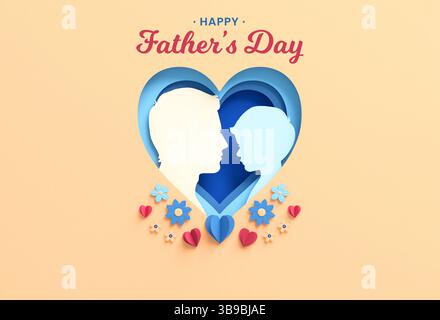 Grußkarte zum Vatertag mit Silhouetten von Vater und Sohn in einem Herzen und Blumen auf einem Hintergrund. Festtagsbanner in Papierschnitt, Flyer wi Stockfoto