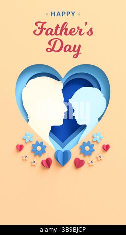 Vatertag Social-Media-Post mit Silhouetten von Vater und Sohn in einem Herzen und Blumen auf einem Hintergrund. Feier-Design in Papierschnitt, Flyer mit Textil Stockfoto