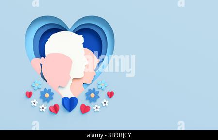 Flyer-Vorlage zum Happy Vatertag mit Silhouetten von Vater und Kindern in einem Herzen und Blumen auf einem Hintergrund. Feierliches Banner in Papierschnitt, Gruß Stockfoto