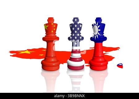 Schach aus China-, USA- und Taiwan-Flaggen. Beziehungen zwischen China und Taiwan Stockfoto