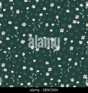Nahtloses Blumenmuster der Wiese. Gras mit Gänseblümchen oder Kamillenblüten. Hintergrund der Sommerfelder. Vektor-Zeichentrick-Illustration Stock Vektor
