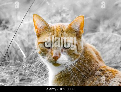 Porträt einer roten Tabbykatze im Gras. Tiernahmehilfe. Stockfoto