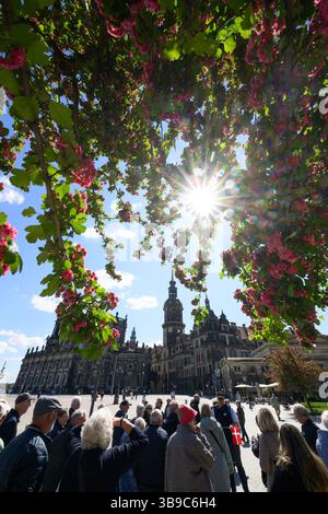 Dresden, Deutschland. Mai 2025. Touristen stehen vor der Hofkirche (l-r), dem Hausmannsturm und dem Residenzschloss am Neumarkt in der Altstadt. Robert Michael/dpa/Alamy Live News Stockfoto