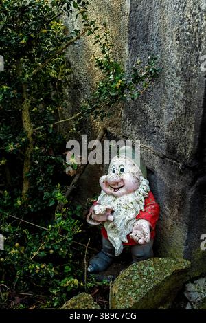 Gartenzwerg eingebettet zwischen Grün neben einer verwitterten Mauer in einer ruhigen Umgebung im Freien Stockfoto