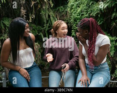 Drei junge Frauen teilen sich lustige Geheimnisse in einem Park Stockfoto