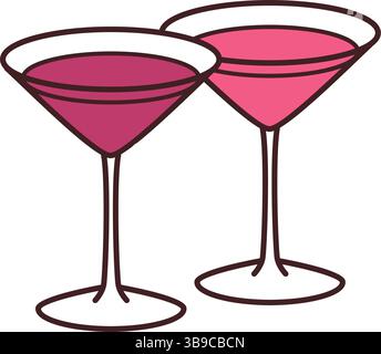 Minimalistische Strichkunstillustration von zwei klirrenden Martini-Gläsern auf weißem Hintergrund. Stock Vektor