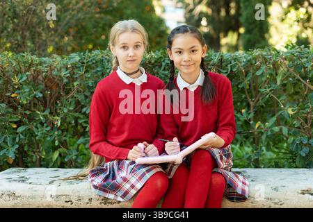 Zwei Mädchen, die zusammen studieren, sitzen auf einer Bank im Park Stockfoto