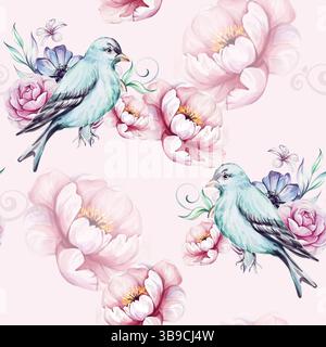Aquarellrosa nahtloses Muster mit Vintage-blauem viktorianischem Bart und rosa Rosen, Pfingstrose, Brunch und Blättern. Romantische Blumen. Für Grußkarten Stockfoto
