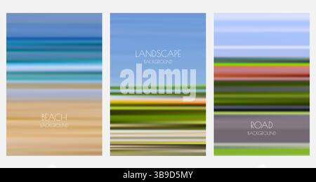 Verschwommene Bewegung Natur Landschaft Hintergrund gesetzt. Sommer Strand, Felder und Straße abstrakte Gradientenvektor Illustration. Banner, Poster, Broschüre, Flyer d Stock Vektor