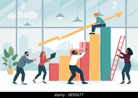 Verschiedene Teams arbeiten zusammen, um die Wachstumskala zu steigern und gemeinsam erfolgreich zu sein modernes flaches Design, lebendige Farben Stock Vektor