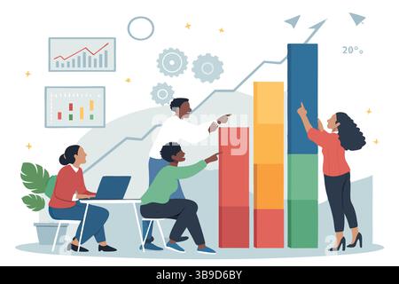 Das vielfältige Team feiert das Wachstum des Unternehmens und analysiert ein farbenfrohes Balkendiagramm, das 20 zusätzliche flache, weiche Farben zeigt Stock Vektor