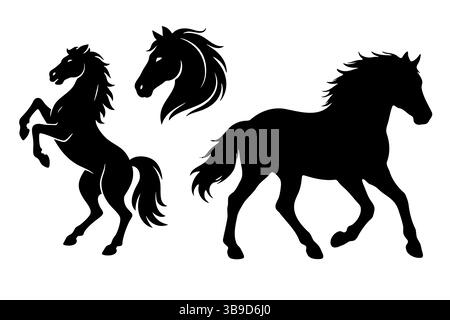 Sammlung von schwarzen Pferdesilhouetten, einschließlich stehend, gehend und Kopfporträts, perfekt für Design- oder Tierkreiskonzepte. Stock Vektor