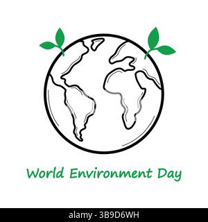 Weltumwelttag. Grußkarte mit Erdplaneten und Blättern. Vektorabbildung in Doodle-Line-Stil. Stock Vektor
