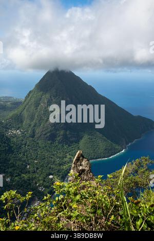 Blick von der Spitze des Petit Piton auf Gros Piton auf St. Lucia. Aufgenommen mit einer spiegellosen Kamera in der Karibik auf der wunderschönen Insel Saint Lucia. Stockfoto