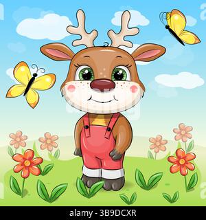 Niedlicher Cartoon-Hirsch in der Natur. Vektor-Illustration des Tieres mit Blumen, Schmetterlingen und blauem Himmel. Stock Vektor
