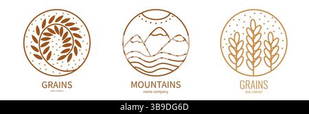 Logo-Landschaft mit Bergen und Sonne im Kreis. Berge für eine Reise, Gesundheit und Wanderung. Stock Vektor