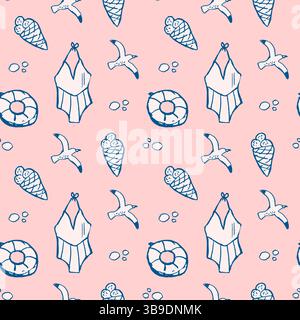 Nahtloses Sommermuster mit Badeanzügen, Eis, Möwen, Rettungsschwimmer auf rosa Hintergrund. dolce vita Sommer Kritzelvektor Illustration. Italienischer Stil Stock Vektor