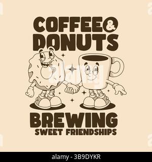 Niedliche Illustration im Vintage-Stil mit einer lächelnden Kaffeetasse und einem Donut-Charakter, der Hände hält Stock Vektor