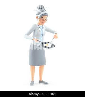 3D-Cartoon-Oma, die Pfanne mit Ei hält, Illustration isoliert auf weißem Hintergrund Stockfoto