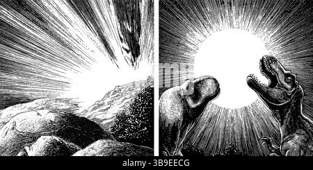 Dramatische gravierte Illustration des Meteors am Himmel mit Dinosauriern. Stock Vektor