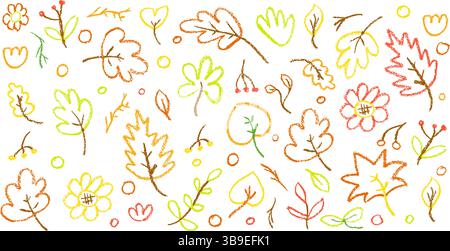 Bunte Buntstift Herbst Vektor Set mit Blättern, Waldbeere und Regentropfen auf weißer Tafel perfekt für Kinder, Kindergartenbasteln, zurück zu Stock Vektor