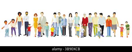 Eltern und Kinder, Familiengruppen auf weiß isoliert, Illustration Stockfoto