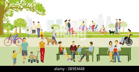 Erholung mit der Familie im Park, Radfahren, Illustration Stockfoto